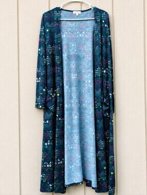 LuLaRoe Sarah Duster Cardigan M Multicolor Geometric Pockets Longline Stretch